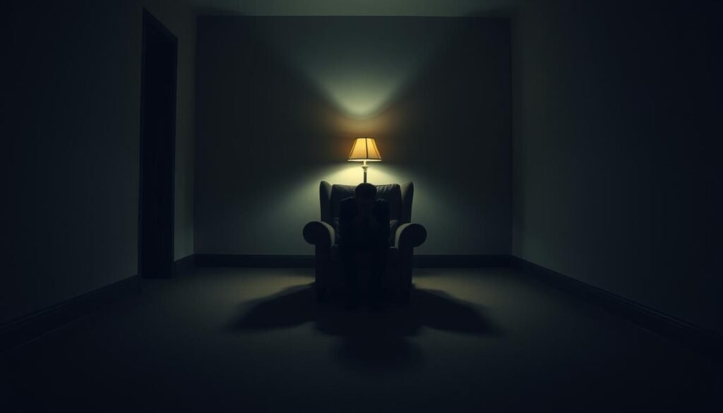 A dimly lit room, its walls painted in muted tones, casting a somber atmosphere. In the center, a solitary figure sits hunched on a worn armchair, their expression conveying a deep sense of isolation and emotional turmoil. Shadows stretch across the floor, as if mirroring the weight of the individual's inner struggle. Soft, warm lighting from a single lamp in the corner attempts to provide comfort, but fails to fully dispel the overwhelming sense of loneliness. The scene evokes a profound understanding of the impact of emotional disconnection and the longing for a deeper sense of belonging.