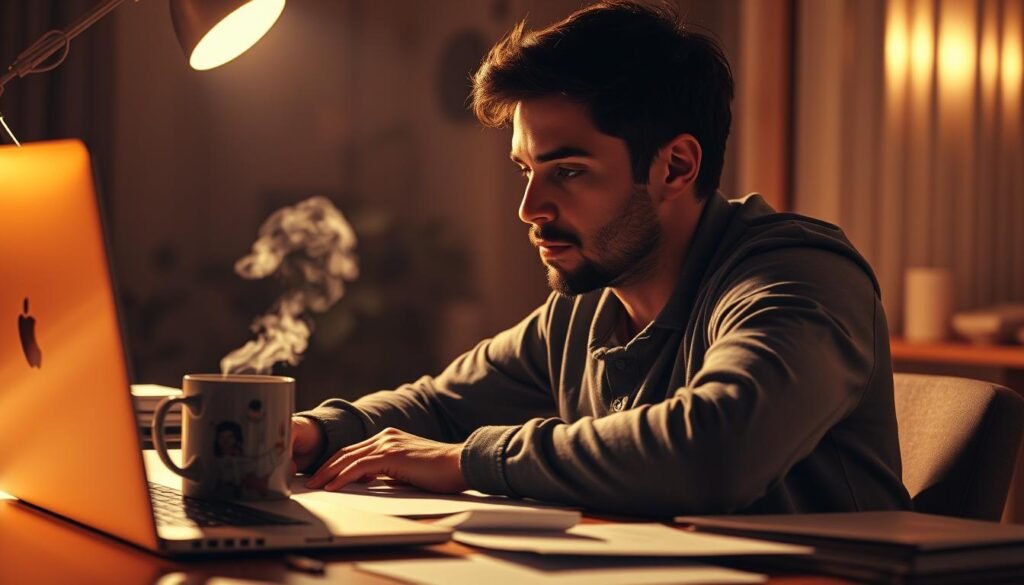 A focused individual sits at a desk, deeply immersed in their work. The lighting is warm and directional, casting dramatic shadows and highlights across the scene. The desktop is cluttered with papers, a laptop, and a mug of steaming coffee, reflecting the intense concentration of the person. The background is blurred, keeping the viewer's attention on the task at hand. The subject's expression is one of determined focus, their eyes fixed on the screen, their hand poised over the keyboard. This image conveys the essence of "deep work" - the ability to tune out distractions and dedicate one's full attention to the task at hand, transforming effort into visible output.