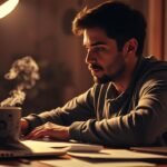 A focused individual sits at a desk, deeply immersed in their work. The lighting is warm and directional, casting dramatic shadows and highlights across the scene. The desktop is cluttered with papers, a laptop, and a mug of steaming coffee, reflecting the intense concentration of the person. The background is blurred, keeping the viewer's attention on the task at hand. The subject's expression is one of determined focus, their eyes fixed on the screen, their hand poised over the keyboard. This image conveys the essence of "deep work" - the ability to tune out distractions and dedicate one's full attention to the task at hand, transforming effort into visible output.