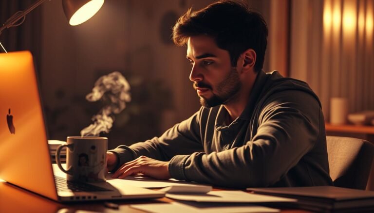A focused individual sits at a desk, deeply immersed in their work. The lighting is warm and directional, casting dramatic shadows and highlights across the scene. The desktop is cluttered with papers, a laptop, and a mug of steaming coffee, reflecting the intense concentration of the person. The background is blurred, keeping the viewer's attention on the task at hand. The subject's expression is one of determined focus, their eyes fixed on the screen, their hand poised over the keyboard. This image conveys the essence of "deep work" - the ability to tune out distractions and dedicate one's full attention to the task at hand, transforming effort into visible output.