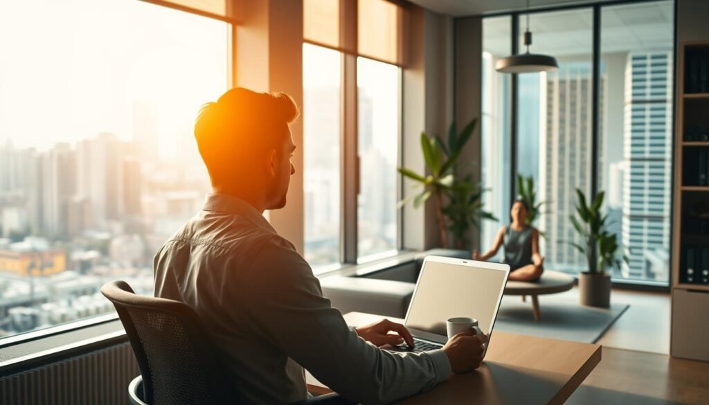 A modern office space bathed in warm, natural light, with sleek, minimalist furniture and a large window overlooking a bustling city skyline. In the foreground, a person sits at a desk, laptop open and a cup of coffee nearby, their gaze focused and determined, conveying a sense of quiet, purposeful ambition. The middle ground features a plant-filled, zen-like lounge area where another person sits cross-legged, meditating, highlighting the importance of work-life balance. The background showcases the vibrant, fast-paced cityscape, a reminder of the broader context in which this quiet ambition exists. The overall mood is one of focus, tranquility, and a measured, intentional approach to navigating the complexities of modern work culture.