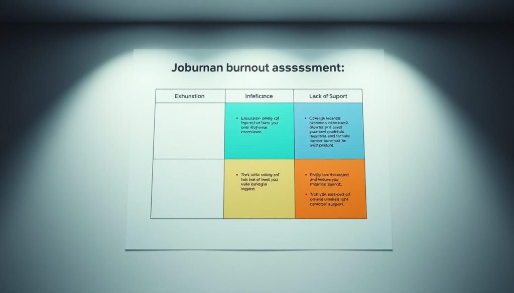 A neatly organized 5-column assessment grid, with distinct dimensions like Exhaustion, Cynicism, Inefficacy, Work-Life Imbalance, and Lack of Support. Each column is visually distinctive, perhaps using a different color scheme or iconography to highlight the unique aspects of that burnout factor. The grid is presented in a clean, minimalist style, with plenty of white space to draw the viewer's eye towards the core elements. Soft, neutral lighting illuminates the assessment, creating a contemplative and analytical atmosphere. The overall impression should be one of a thoughtful, systematic tool to measure and understand the multifaceted nature of job burnout.