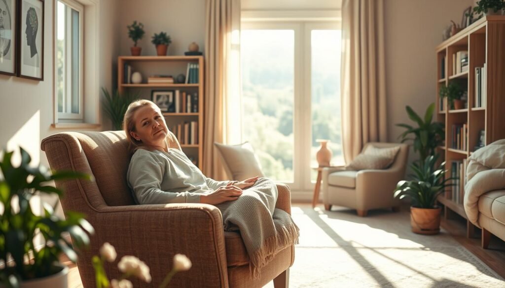 A peaceful, sun-dappled scene of a person in a comfortable armchair, engaged in cognitive behavioral therapy techniques to relieve anxiety. In the foreground, the person sits with a calm, focused expression, surrounded by soothing natural elements like potted plants and a soft throw blanket. The middle ground features a cozy, well-appointed living space with bookshelves and a window overlooking a lush, verdant landscape. Soft, warm lighting filters through the scene, creating a sense of tranquility and inner reflection. The overall atmosphere conveys the power of mindful, evidence-based practices to find quick relief from anxiety in a personal, therapeutic setting.