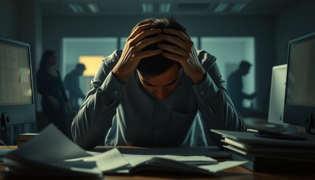 A person hunched over a desk, hands on their head, face etched with worry. The office environment around them is dimly lit, with a sense of claustrophobia and pressure. Papers and computer screens loom in the foreground, adding to the feeling of being overwhelmed. In the background, shadowy figures of coworkers move about, creating a sense of isolation and tension. The lighting is harsh, casting harsh shadows that emphasize the subject's distress. The overall mood is one of anxiety, stress, and a lack of control, reflecting the "Why Workplace Anxiety Hits When You're Least Prepared" subject.