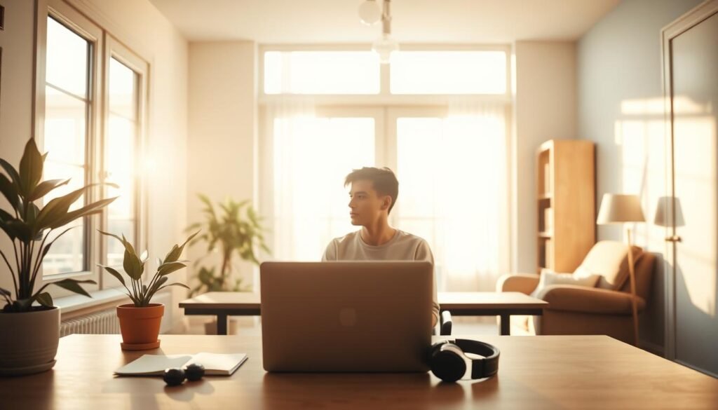A serene home office, bathed in warm natural light streaming through large windows. In the foreground, a desk with a laptop, a plant, and a pair of noise-cancelling headphones, symbolizing focus and productivity. In the middle ground, a person sitting at the desk, their body language radiating a sense of calm and control. The background features a cozy armchair and a bookshelf, conveying a balanced, harmonious workspace that supports mental well-being. Soft, muted colors and a subtle, calming atmosphere evoke the importance of maintaining healthy work boundaries to protect one's mental health. A serene home office, bathed in warm natural light streaming through large windows. In the foreground, a desk with a laptop, a plant, and a pair of noise-cancelling headphones, symbolizing focus and productivity. In the middle ground, a person sitting at the desk, their body language radiating a sense of calm and control. The background features a cozy armchair and a bookshelf, conveying a balanced, harmonious workspace that supports mental well-being. Soft, muted colors and a subtle, calming atmosphere evoke the importance of maintaining healthy work boundaries to protect one's mental health.