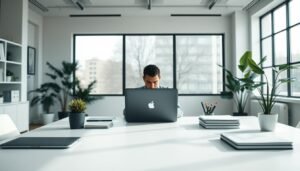 A serene, minimalist office setting with a clean, airy atmosphere. In the foreground, a neatly organized desk with a laptop, a few essential office supplies, and a potted plant. The middle ground features a person sitting at the desk, deep in concentration, their face obscured to emphasize the focus on task management. The background showcases large windows, allowing natural light to flood the space and create a sense of openness. The lighting is soft and diffused, creating a calming, productive ambiance. The color palette is muted, with shades of gray, white, and touches of green to evoke a sense of balance and efficiency.