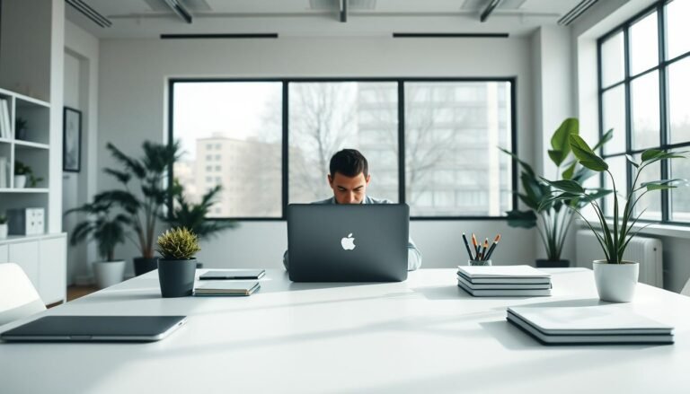 A serene, minimalist office setting with a clean, airy atmosphere. In the foreground, a neatly organized desk with a laptop, a few essential office supplies, and a potted plant. The middle ground features a person sitting at the desk, deep in concentration, their face obscured to emphasize the focus on task management. The background showcases large windows, allowing natural light to flood the space and create a sense of openness. The lighting is soft and diffused, creating a calming, productive ambiance. The color palette is muted, with shades of gray, white, and touches of green to evoke a sense of balance and efficiency.