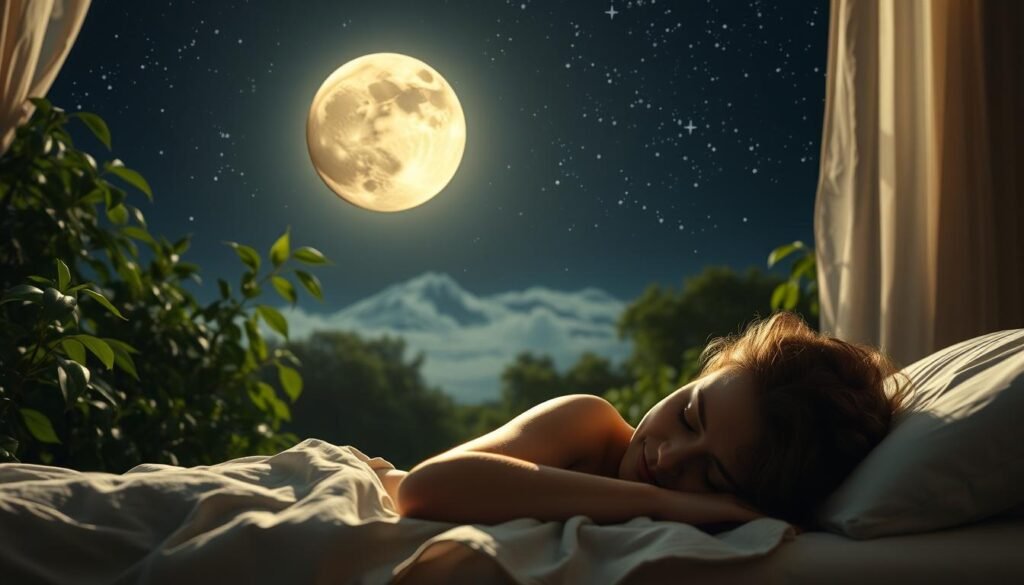 A serene, naturalistic scene depicting the circadian rhythm of the human body. In the foreground, a sleeping figure rests peacefully, their breathing synchronized with the gentle rise and fall of the moon hanging in a starry night sky. The middle ground features lush, verdant foliage swaying in a calming breeze, symbolizing the natural cycles that govern our sleep-wake patterns. The background is bathed in a soft, warm glow, evoking the comforting embrace of a good night's rest. The overall composition conveys a sense of balance, harmony, and the restorative power of adhering to a consistent sleep routine.