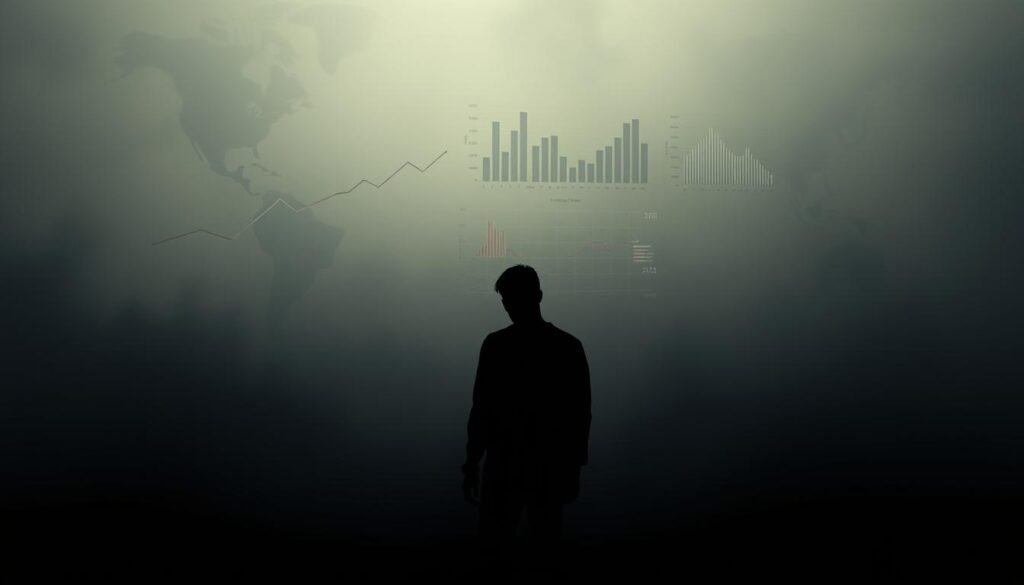 A somber global landscape depicting the weight of depression, with data visualizations and statistics emerging from the shadows. A stark silhouette of a human figure, shoulders burdened, stands in the foreground, surrounded by a hazy, muted color palette. In the middle ground, abstract shapes and lines converge to form charts and graphs, representing the staggering impact of mental health challenges worldwide. The background fades into a vast, empty space, suggesting the overwhelming scale and pervasive nature of this issue. Dramatic, low-angle lighting casts deep shadows, enhancing the sense of gravity and the heavy emotional toll. An atmospheric, introspective scene that conveys the gravity and magnitude of the global mental health crisis.