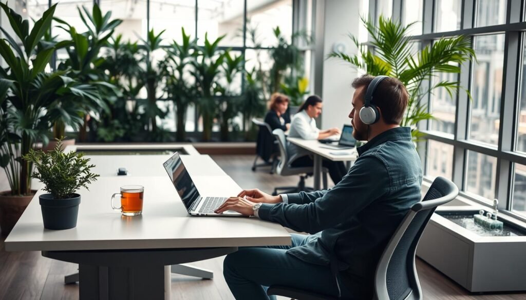 A spacious, well-lit office interior with natural light filtering through large windows. In the foreground, an employee sits at a minimalist, ergonomic desk, engaged in focused work on a laptop. The desk is clutter-free, with only essential items - a plant, a cup of tea, and a pair of noise-cancelling headphones. The middle ground features a team of coworkers collaborating quietly, their expressions serene and their body language relaxed. In the background, a lush indoor garden with verdant plants and a small water feature, creating a sense of tranquility and connection to nature. The overall atmosphere is one of calm productivity, where efficiency and sustainability are prioritized over frenzied activity.