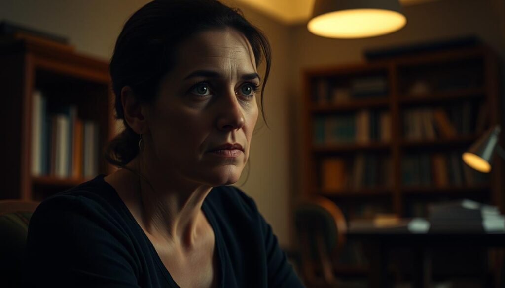 A thoughtful woman sits in a dimly lit room, her face reflecting a pensive, introspective mood. The warm lighting casts soft shadows, creating an atmosphere of introspection and self-reflection. In the background, a blurred bookshelf and desk suggest a scholarly environment, hinting at the intellectual and psychological nature of the subject matter. The woman's expression conveys a sense of emotional tension, as if grappling with the complex interplay of boundaries and guilt. The scene is captured with a shallow depth of field, focusing the viewer's attention on the woman's face and the emotional weight it carries. A thoughtful woman sits in a dimly lit room, her face reflecting a pensive, introspective mood. The warm lighting casts soft shadows, creating an atmosphere of introspection and self-reflection. In the background, a blurred bookshelf and desk suggest a scholarly environment, hinting at the intellectual and psychological nature of the subject matter. The woman's expression conveys a sense of emotional tension, as if grappling with the complex interplay of boundaries and guilt. The scene is captured with a shallow depth of field, focusing the viewer's attention on the woman's face and the emotional weight it carries.