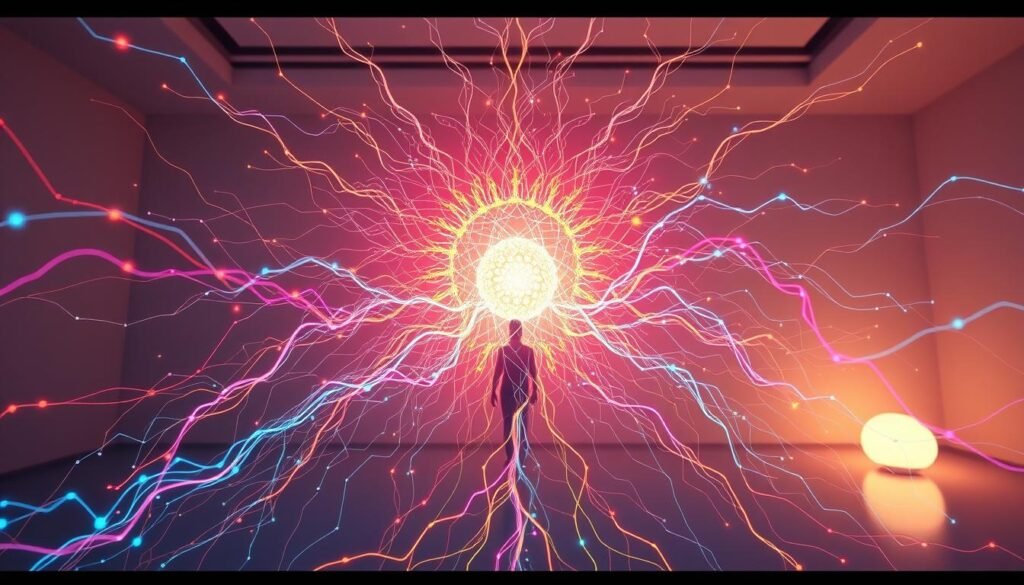 A vibrant, detailed illustration of habit formation neural pathways, representing the wellness challenge of the 21-day reset. In the foreground, a central neural network structure glows with pulsing energy, symbolizing the growth of new neural connections. Branching out from this core, a spectrum of colorful, organic pathways weave together, conveying the interconnected nature of habit formation. The middle ground features a human figure in a contemplative pose, surrounded by flowing, translucent layers of data visualization. In the background, a softly-lit, minimalist environment with geometric patterns and subtle textures creates a sense of balance and focus. The overall mood is one of transformation, introspection, and the power of consistent, mindful practice.