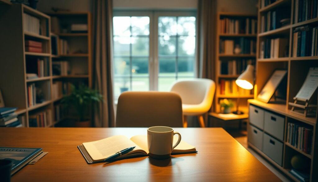 An intimate home office setting, with a desk and chair in the foreground. On the desk, an open notebook, a pen, and a mug of coffee. In the middle ground, bookshelves line the walls, filled with self-help books and papers. Warm, diffused lighting illuminates the scene, casting a soft, contemplative glow. The background is slightly blurred, hinting at a window overlooking a tranquil outdoor space. The overall atmosphere is one of thoughtful introspection, as the viewer is invited to consider strategies for managing emotional triggers during a personal setback. An intimate home office setting, with a desk and chair in the foreground. On the desk, an open notebook, a pen, and a mug of coffee. In the middle ground, bookshelves line the walls, filled with self-help books and papers. Warm, diffused lighting illuminates the scene, casting a soft, contemplative glow. The background is slightly blurred, hinting at a window overlooking a tranquil outdoor space. The overall atmosphere is one of thoughtful introspection, as the viewer is invited to consider strategies for managing emotional triggers during a personal setback.