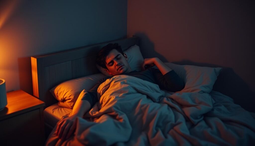 a sleeping person in a dimly lit room, tossing and turning on an unmade bed, surrounded by crumpled sheets and a single pillow. the bedroom walls are painted a muted, grayish blue, casting a somber, restless atmosphere. a flickering lamp casts a warm, orange glow, creating shadows that dance across the room. the person's expression is one of exhaustion and frustration, reflecting the high cost of poor sleep. the scene is captured with a soft, hazy focus, emphasizing the sense of unease and lack of restfulness.