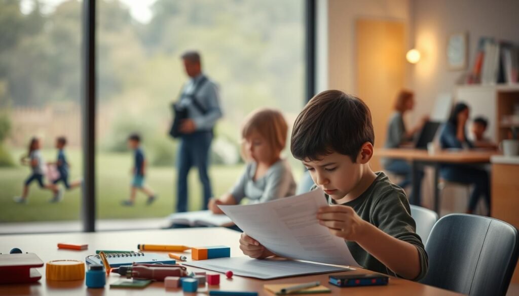 A concerned adult observes a group of children engaged in various activities, reflecting the theme of external pressures. In the foreground, a child sits at a desk, anxiously looking at a report card, with toys and school materials scattered around, symbolizing a clash between play and responsibility. In the middle ground, another child plays alone at a park, glancing at a group of peers who are interacting, capturing feelings of isolation and comparison. The background features blurred scenes of a bustling school environment, with distant adults discussing achievements, indicating external expectations. Soft, warm lighting creates a contemplative mood, with a slightly shallow depth of field to draw focus on the children and their emotions. The overall atmosphere should evoke concern and empathy, highlighting the pressures children face.