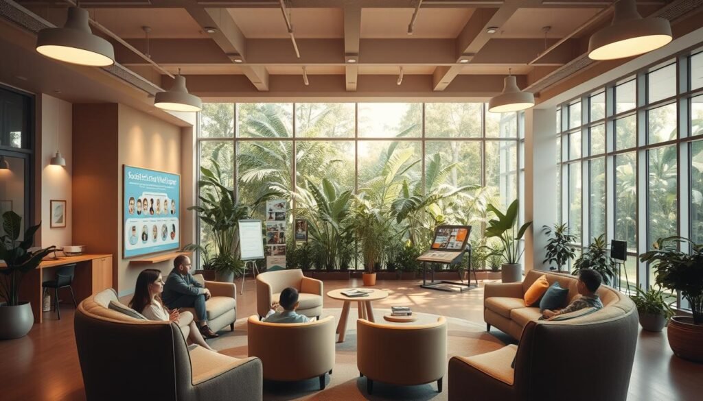 A cozy and inviting space with a focus on social development, the "Neurodivergent Social Development Foundation" features a warm, natural-light-filled interior. In the foreground, a circular arrangement of comfortable seating encourages open dialogue and collaboration. The middle ground showcases interactive displays and learning stations, designed to foster social skills and emotional intelligence. The background depicts a serene, plant-filled environment, creating a calming and welcoming atmosphere. Soft, diffused lighting from overhead fixtures and large windows casts a gentle glow, emphasizing the foundation's inclusive and supportive mission. The overall scene conveys a sense of community, growth, and a deep understanding of the complexities of social development.