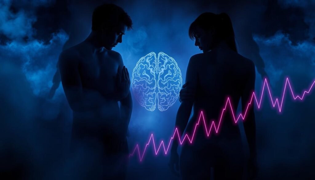 A dark, moody scene depicting the cyclical interplay between cortisol and oxytocin in the trauma bonding process. In the foreground, two intertwined figures emerge from a hazy, dreamlike atmosphere, their bodies and faces obscured by a swirling mist. Shades of blue and purple cast an ominous glow, as jagged, fractured lines symbolize the psychological trauma and fragmentation. In the middle ground, a brain scan reveals the neural pathways affected by the fluctuating neurochemicals, while in the background, a pulsing, neon-hued graph charts the rise and fall of cortisol and oxytocin levels. The overall composition conveys the complex, entangled nature of trauma bonds, the delicate balance of brain chemistry, and the torturous emotional cycle. A dark, moody scene depicting the cyclical interplay between cortisol and oxytocin in the trauma bonding process. In the foreground, two intertwined figures emerge from a hazy, dreamlike atmosphere, their bodies and faces obscured by a swirling mist. Shades of blue and purple cast an ominous glow, as jagged, fractured lines symbolize the psychological trauma and fragmentation. In the middle ground, a brain scan reveals the neural pathways affected by the fluctuating neurochemicals, while in the background, a pulsing, neon-hued graph charts the rise and fall of cortisol and oxytocin levels. The overall composition conveys the complex, entangled nature of trauma bonds, the delicate balance of brain chemistry, and the torturous emotional cycle.