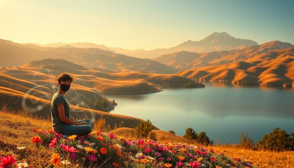 A serene landscape with rolling hills and a tranquil lake, bathed in warm golden light. In the foreground, a person sits cross-legged, their face a mask of calm contemplation. Surrounding them, delicate wisps of mist swirl, symbolizing the emotional boundaries that protect their well-being. The middle ground features a garden of vibrant flowers, each petal a testament to the self-care practices that nurture the soul. In the distance, towering mountains rise, their peaks shrouded in a soft, ethereal haze, representing the clarity and perspective that come with setting healthy limits. The overall atmosphere is one of balance, introspection, and the gentle power of personal boundaries.