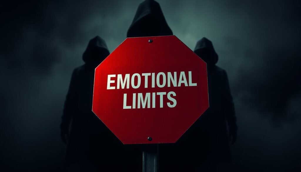 A stark warning against emotional boundary violations, a triptych of foreboding symbols. In the foreground, a red octagon sign emblazoned with the words "EMOTIONAL LIMITS" in stark white text, conveying a sense of urgency and the need for caution. In the middle ground, shadowy figures loom, their imposing presence suggesting the threat of intrusion. The background is shrouded in an ominous, desaturated hue, creating a sense of unease and the ever-present risk of emotional overstepping. Dramatic chiaroscuro lighting casts dramatic shadows, heightening the tension and drama. The overall composition evokes a sense of vulnerability, the need for self-protection, and the importance of establishing and maintaining healthy emotional boundaries.