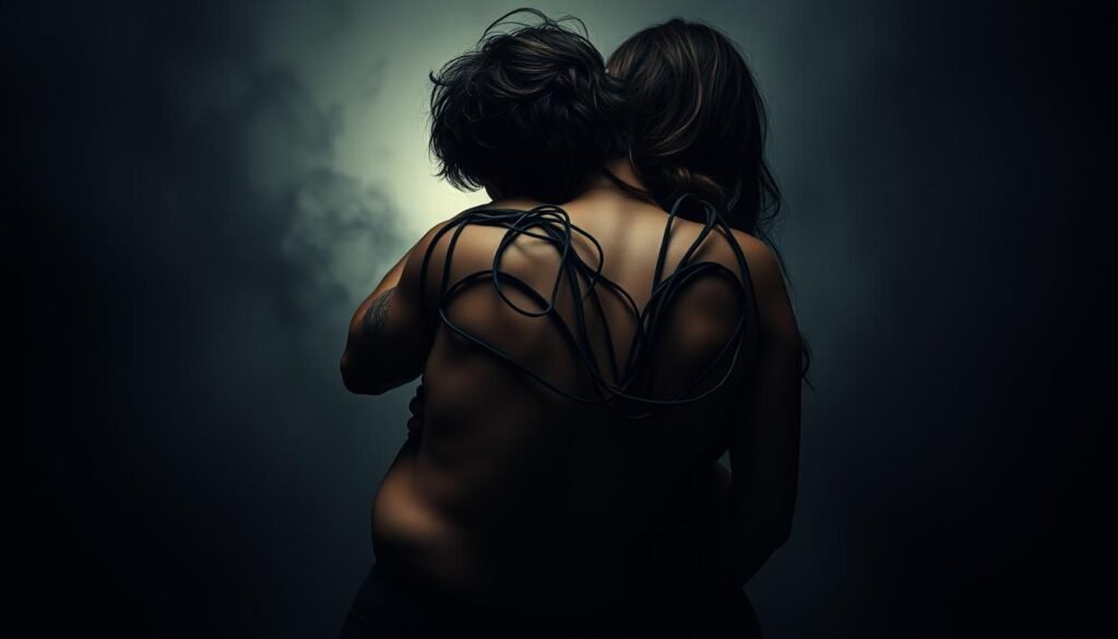 A tightly-bound couple, their limbs entwined in a twisted embrace, faces obscured by shadows. The foreground captures the intensity of their psychological attachment, a tangled web of dependency and control. In the middle ground, a dim light casts an unsettling glow, hinting at the power dynamics at play. The background fades into an abstract, dreamlike space, conveying the sense of isolation and entrapment within the relationship. The overall tone is one of unease, a haunting representation of the trauma bond that holds the pair together. Moody lighting, soft focus, and a sense of claustrophobia permeate the scene. A tightly-bound couple, their limbs entwined in a twisted embrace, faces obscured by shadows. The foreground captures the intensity of their psychological attachment, a tangled web of dependency and control. In the middle ground, a dim light casts an unsettling glow, hinting at the power dynamics at play. The background fades into an abstract, dreamlike space, conveying the sense of isolation and entrapment within the relationship. The overall tone is one of unease, a haunting representation of the trauma bond that holds the pair together. Moody lighting, soft focus, and a sense of claustrophobia permeate the scene.