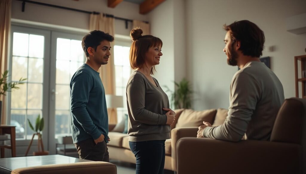A warm, inviting living room scene with natural lighting from large windows. In the foreground, a person with autism engages in conversation with a friend, their body language relaxed and attentive. The middle ground features a cozy sofa and armchair, creating a comfortable environment for social interaction. The background showcases simple, minimalist decor, allowing the focus to remain on the social dynamic. The overall atmosphere conveys a sense of understanding, acceptance, and the importance of social skills in daily life.