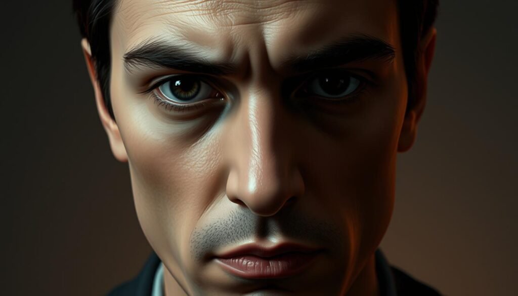 An expertly lit and composed digital painting depicting a person's face with a skeptical, discerning expression, their gaze focused intently. The subject's features are rendered with striking realism, highlighting subtle details that convey a sense of critical analysis. The background is a muted, introspective palette, with soft, atmospheric lighting that draws the viewer's attention to the central figure. The overall mood is one of contemplation and the recognition of manipulation, reflecting the themes of "Understanding Gaslighting and Its Impact on Your Reality."