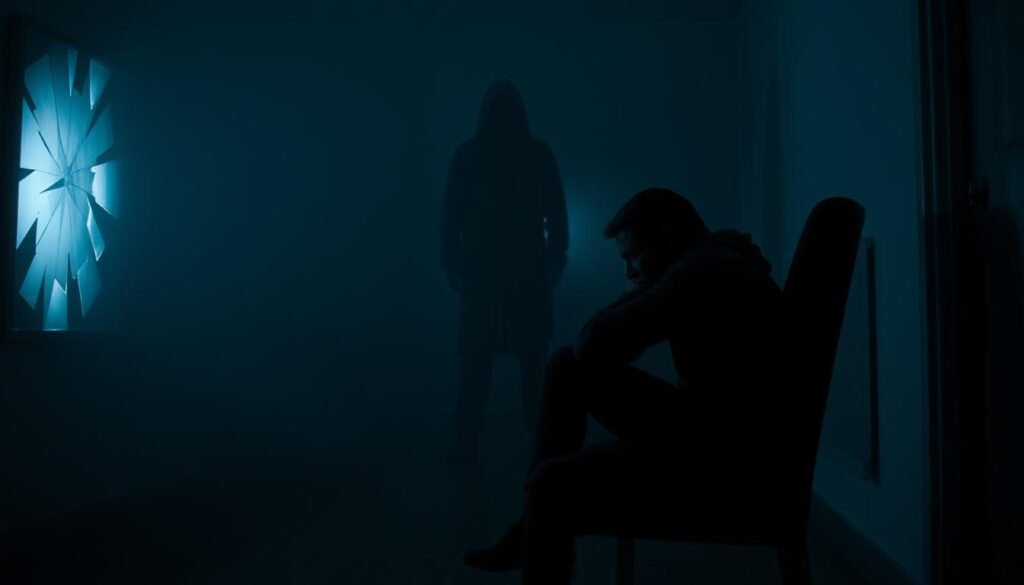 Prompt A dimly lit room, cast in shades of gray and blue, symbolizing the somber nature of the topic. In the foreground, a person sitting hunched on a chair, their face obscured, reflecting the feeling of being trapped and disoriented. Surrounding them, subtle yet unsettling visual cues - a flickering light, a fractured mirror, and a shifting landscape, hinting at the manipulative tactics used to gaslight and distort one's reality. The middle ground features a shadowy figure, their presence looming and imposing, representing the perpetrator of the gaslighting. The background is a hazy, undefined space, conveying the sense of isolation and uncertainty experienced by the victim. The overall atmosphere is one of unease, discomfort, and the struggle to recognize the signs of manipulation.