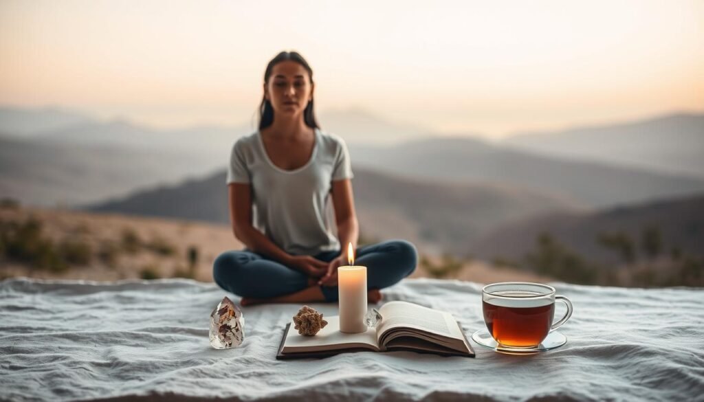 A serene and tranquil scene depicting the foundational practices of emotional awareness and self-regulation. In the foreground, a person sits cross-legged, eyes closed, hands resting gently on their lap, exuding a sense of inner peace and mindfulness. Soft, diffused lighting bathes the scene, creating a calming atmosphere. In the middle ground, various symbolic objects are arranged - a candle, a crystal, a journal, and a cup of herbal tea, all representing tools for introspection and emotional exploration. The background features a simple, minimalist landscape, with rolling hills and a distant horizon, conveying a sense of expansiveness and interconnectedness. The overall composition and color palette evoke a feeling of grounding, balance, and the journey towards emotional regulation and self-understanding.