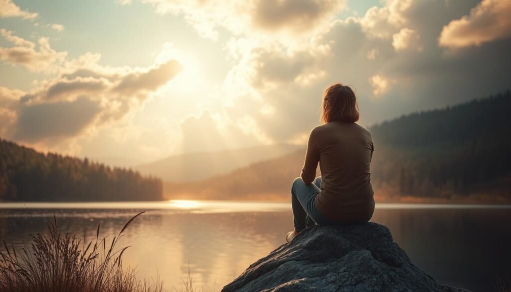 A serene landscape with a figure sitting on a rock, gazing out at a tranquil lake. The figure's body language conveys a mix of pensive reflection and tentative hope, as they navigate the emotional stages of grief. Soft, warm lighting filters through wispy clouds, casting a comforting glow. In the background, a lush forest provides a sense of solace and protection. The image evokes a journey of healing, where the individual finds solace in the natural world and takes steps towards emotional recovery.