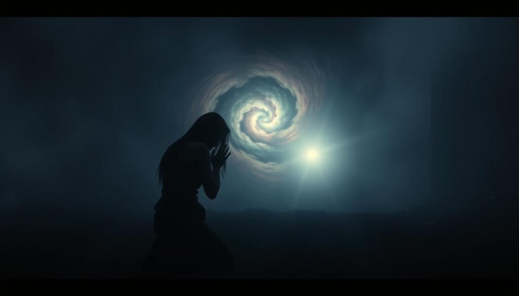 A serene yet somber scene depicting the complex stages of grief. In the foreground, a figure kneels, hands grasped tightly, embodying the raw emotion of denial and anger. Behind them, a swirling vortex of colors symbolizes the turmoil of bargaining and depression. In the distance, a glowing light emerges, hinting at the eventual acceptance and healing. The lighting is moody and atmospheric, with soft shadows and a muted palette conveying the weight of the emotional journey. The composition is balanced, drawing the viewer's eye through the various stages of this intricate cycle.