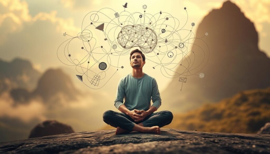 A balancing act between analytical and creative modes, a mind in motion, navigating the ebb and flow of divergent and convergent thinking. In the foreground, a person sits cross-legged, deep in contemplation, their expression serene yet focused. Around them, swirling lines and shapes symbolize the interplay of ideas, the blending of logic and imagination. The background features a dreamlike landscape, a blend of natural and geometric elements, hinting at the harmony that can be found in this delicate equilibrium. Soft, warm lighting casts a gentle glow, evoking a sense of tranquility and discovery. The overall composition conveys the essence of creative problem-solving, where the mind finds balance between expansive exploration and targeted synthesis.