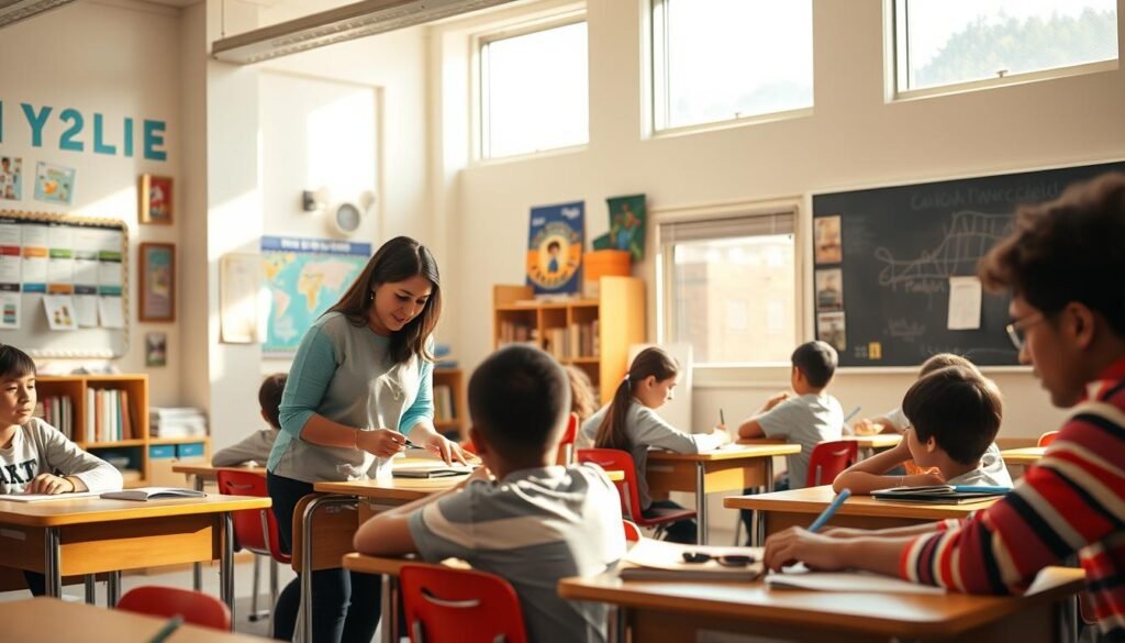 A brightly lit classroom, students engaged in various educational activities. In the foreground, a teacher guiding a small group through a collaborative learning exercise, hands-on and interactive. In the middle ground, individual students at their desks, focused and attentive, applying strategies like note-taking and problem-solving. The background depicts educational posters, shelves of books, and a large chalkboard or whiteboard, creating a stimulating and supportive learning environment. Warm, natural lighting filters in through large windows, casting a sense of calm and productivity. The overall scene conveys an atmosphere of constructive behavior, with the teacher and students working together towards educational goals. A brightly lit classroom, students engaged in various educational activities. In the foreground, a teacher guiding a small group through a collaborative learning exercise, hands-on and interactive. In the middle ground, individual students at their desks, focused and attentive, applying strategies like note-taking and problem-solving. The background depicts educational posters, shelves of books, and a large chalkboard or whiteboard, creating a stimulating and supportive learning environment. Warm, natural lighting filters in through large windows, casting a sense of calm and productivity. The overall scene conveys an atmosphere of constructive behavior, with the teacher and students working together towards educational goals.