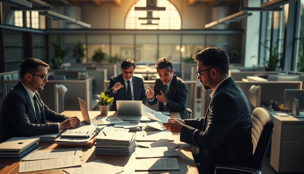 A bustling office scene, where corporate decision-makers pore over business case studies, their attention narrowly focused on the "success stories" that confirm their preconceptions. The foreground features a table cluttered with documents and laptops, casting shadows that suggest an intense, almost interrogative atmosphere. In the middle ground, executives in sharp suits nod in agreement, their expressions revealing a self-assuring certainty. The background, slightly blurred, hints at the broader context - rows of cubicles, potted plants, and a large, imposing window that filters in warm, golden light, creating a sense of exclusivity and detachment from the outside world. The overall mood conveys a subtle yet pervasive bias, where confirmation bias reigns supreme in the pursuit of business success. A bustling office scene, where corporate decision-makers pore over business case studies, their attention narrowly focused on the "success stories" that confirm their preconceptions. The foreground features a table cluttered with documents and laptops, casting shadows that suggest an intense, almost interrogative atmosphere. In the middle ground, executives in sharp suits nod in agreement, their expressions revealing a self-assuring certainty. The background, slightly blurred, hints at the broader context - rows of cubicles, potted plants, and a large, imposing window that filters in warm, golden light, creating a sense of exclusivity and detachment from the outside world. The overall mood conveys a subtle yet pervasive bias, where confirmation bias reigns supreme in the pursuit of business success.