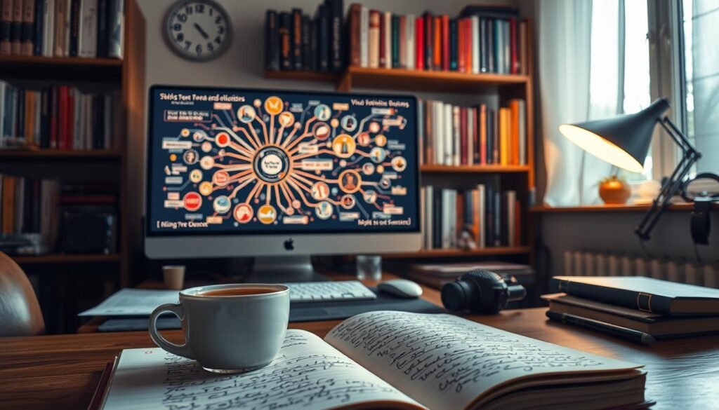 A cozy study filled with the tools of cognitive psychology. In the foreground, a glass of warm coffee and a journal with scribbled notes, the pages illuminated by the soft glow of a desk lamp. In the middle ground, a sleek, modern computer monitor displays a visualization of mental heuristics, the connections between ideas tangible and mesmerizing. Bookshelves line the walls, their spines revealing the works of pioneers in the field - Kahneman, Tversky, Gigerenzer. The atmosphere is one of focused contemplation, the mind engaged in unraveling the mysteries of how we think and decide.