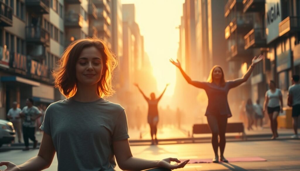 A detailed comparison of mental fitness and mental health. In the foreground, a person performing yoga or meditation, radiating calm and inner peace. In the middle ground, another person engaging in various exercises and activities to improve their cognitive abilities and emotional well-being. In the background, a chaotic, stressful urban environment, representing the challenges of maintaining mental health. Warm, natural lighting illuminates the scene, creating a sense of balance and harmony. The image should convey the idea that mental fitness is a proactive approach to maintaining mental well-being, while mental health encompasses a broader, more complex spectrum of emotional and psychological factors. A detailed comparison of mental fitness and mental health. In the foreground, a person performing yoga or meditation, radiating calm and inner peace. In the middle ground, another person engaging in various exercises and activities to improve their cognitive abilities and emotional well-being. In the background, a chaotic, stressful urban environment, representing the challenges of maintaining mental health. Warm, natural lighting illuminates the scene, creating a sense of balance and harmony. The image should convey the idea that mental fitness is a proactive approach to maintaining mental well-being, while mental health encompasses a broader, more complex spectrum of emotional and psychological factors.