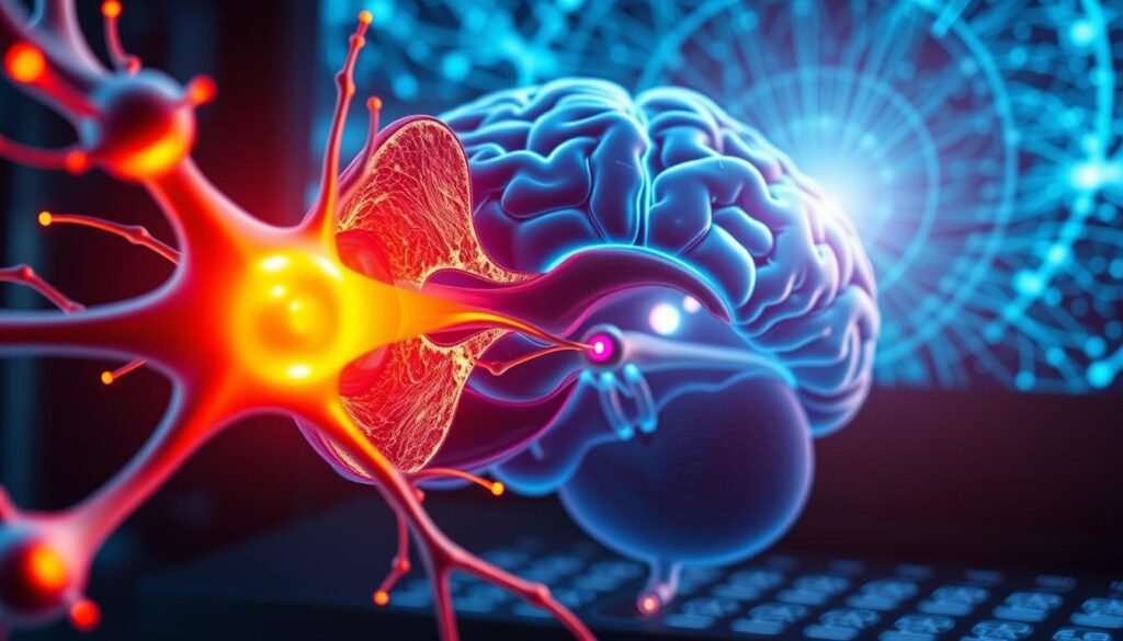 A detailed cross-section illustration of the dopamine response mechanism in the brain, as triggered by digital screens. The foreground depicts a neuron firing, with colorful neurotransmitters like dopamine flowing across the synaptic cleft. The middle ground showcases the brain's reward circuitry, with the ventral tegmental area, nucleus accumbens, and prefrontal cortex prominently featured. In the background, a high-resolution display emits a mesmerizing, blue-hued glow, representing the digital stimuli that perpetually activates this pleasure-seeking neural pathway. The scene is bathed in a cool, clinical lighting, emphasizing the scientific nature of this phenomenon. The overall mood is one of fascination and insight into the neurological underpinnings of digital addiction. A detailed cross-section illustration of the dopamine response mechanism in the brain, as triggered by digital screens. The foreground depicts a neuron firing, with colorful neurotransmitters like dopamine flowing across the synaptic cleft. The middle ground showcases the brain's reward circuitry, with the ventral tegmental area, nucleus accumbens, and prefrontal cortex prominently featured. In the background, a high-resolution display emits a mesmerizing, blue-hued glow, representing the digital stimuli that perpetually activates this pleasure-seeking neural pathway. The scene is bathed in a cool, clinical lighting, emphasizing the scientific nature of this phenomenon. The overall mood is one of fascination and insight into the neurological underpinnings of digital addiction.