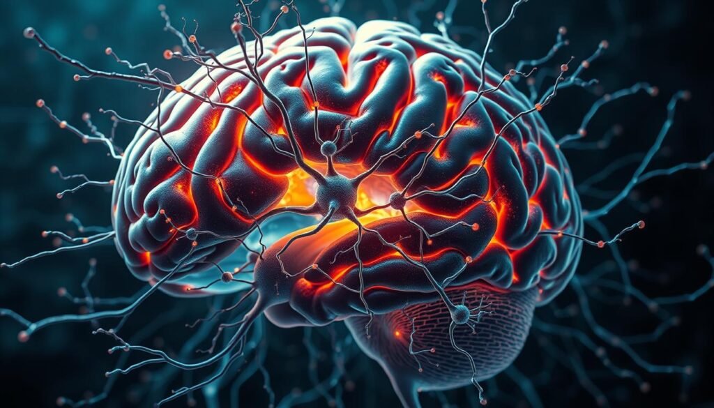 A detailed cross-section of the human brain, illuminating the intricate neural pathways involved in decision-making processes. The frontal lobe, responsible for executive functions, is prominently featured, surrounded by a vibrant web of interconnected neurons firing in synchrony. The limbic system, home to the amygdala and hippocampus, is depicted in warm hues, conveying the emotional and memory-based influences on our choices. Elegant, branching dendrites and axons create a mesmerizing, labyrinthine landscape, captured under soft, directional lighting that casts subtle shadows, heightening the sense of depth and complexity. The overall composition suggests the profound, multifaceted nature of the neuroscience behind human decision-making. A detailed cross-section of the human brain, illuminating the intricate neural pathways involved in decision-making processes. The frontal lobe, responsible for executive functions, is prominently featured, surrounded by a vibrant web of interconnected neurons firing in synchrony. The limbic system, home to the amygdala and hippocampus, is depicted in warm hues, conveying the emotional and memory-based influences on our choices. Elegant, branching dendrites and axons create a mesmerizing, labyrinthine landscape, captured under soft, directional lighting that casts subtle shadows, heightening the sense of depth and complexity. The overall composition suggests the profound, multifaceted nature of the neuroscience behind human decision-making.