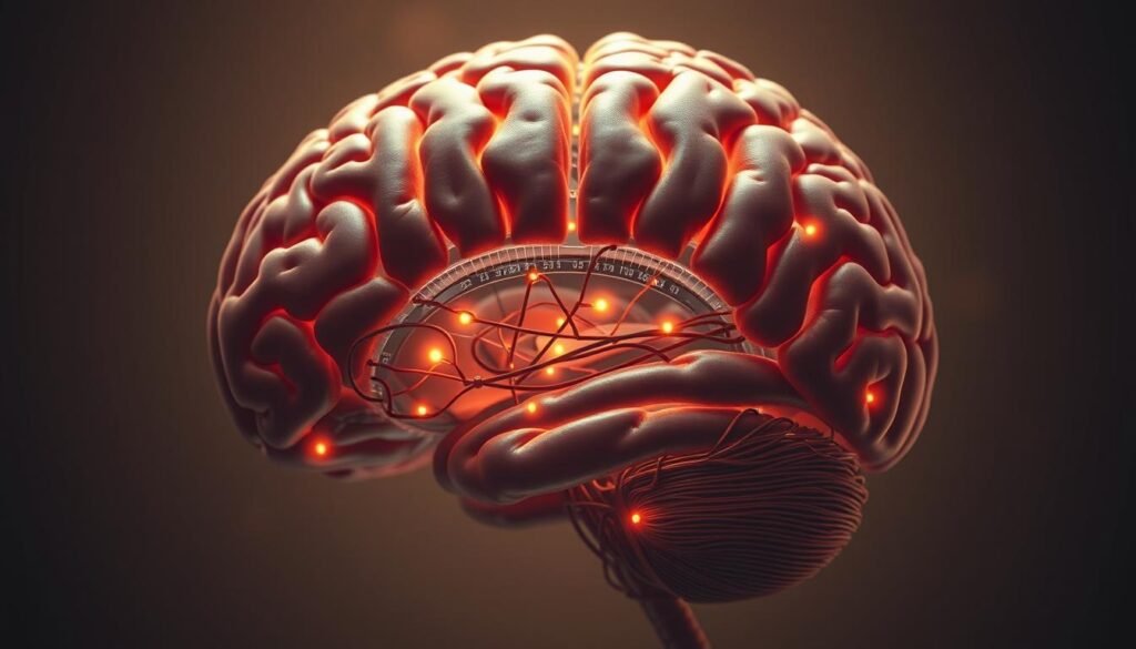 A detailed cross-section of the human brain, revealing the intricate neural networks responsible for decision-making processes. The cerebral cortex, striatum, and prefrontal regions are highlighted, showcasing the complex interplay of cognitive and emotional pathways that shape our choices. Warm, muted tones create a contemplative atmosphere, while subtle glowing accents emphasize the dynamic activity within this fascinating organ. Captured through a high-resolution lens, the image offers a captivating scientific visualization of the neuroscience underlying our decision-making capabilities.