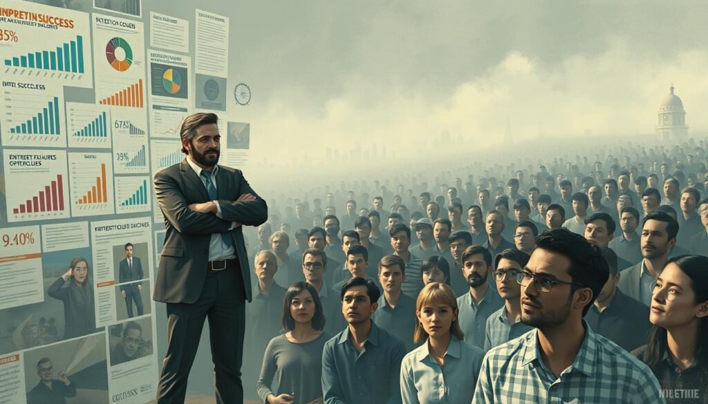 A detailed illustration of statistical fallacies in entrepreneurship success narratives, captured in a stylized digital painting. In the foreground, a confident entrepreneur stands amidst a collage of skewed data visualizations and cherry-picked anecdotes, their success story obfuscating the complex realities of business. The middle ground features a crowd of aspiring entrepreneurs, their faces filled with hope and determination, yet blinded by the selective nature of the narratives they consume. In the background, a hazy landscape of obstacles, failures, and survivorship bias, the true measures of entrepreneurial success obscured by the allure of the "overnight success" myth. The scene is rendered in a muted, contemplative palette, inviting the viewer to critically examine the biases inherent in entrepreneurial success stories. A detailed illustration of statistical fallacies in entrepreneurship success narratives, captured in a stylized digital painting. In the foreground, a confident entrepreneur stands amidst a collage of skewed data visualizations and cherry-picked anecdotes, their success story obfuscating the complex realities of business. The middle ground features a crowd of aspiring entrepreneurs, their faces filled with hope and determination, yet blinded by the selective nature of the narratives they consume. In the background, a hazy landscape of obstacles, failures, and survivorship bias, the true measures of entrepreneurial success obscured by the allure of the "overnight success" myth. The scene is rendered in a muted, contemplative palette, inviting the viewer to critically examine the biases inherent in entrepreneurial success stories.