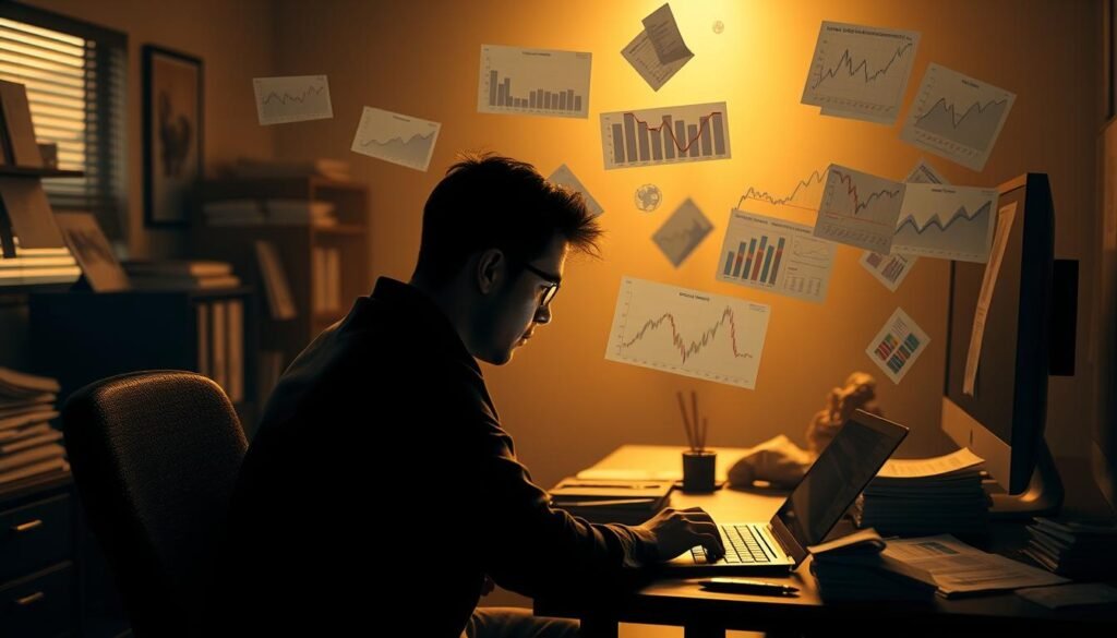 A dimly lit office setting with a desk, computer, and financial documents strewn about. In the foreground, a person sits contemplating a chart on their laptop, brow furrowed in concentration. The middle ground features graphs, charts, and financial reports hovering in the air, depicting recent trends and behavioral patterns. The background is hazy, with a sense of uncertainty and complexity surrounding the financial landscape. Warm lighting casts shadows, creating a pensive, introspective mood. The scene conveys the challenges of decision-making in the face of recency bias and the need to consider broader economic trends.