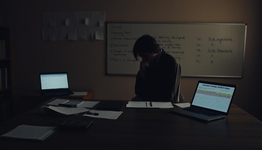 A dimly lit office setting, with a large wooden desk in the foreground. On the desk, a calculator, scattered papers, and a laptop displaying a risk assessment matrix. In the background, a wall-mounted whiteboard with handwritten notes on decision-making biases. Soft, warm lighting casts shadows, creating a pensive atmosphere. A person's silhouette is visible, deep in thought, their face obscured, reflecting the complex nature of risk assessment and decision-making processes.