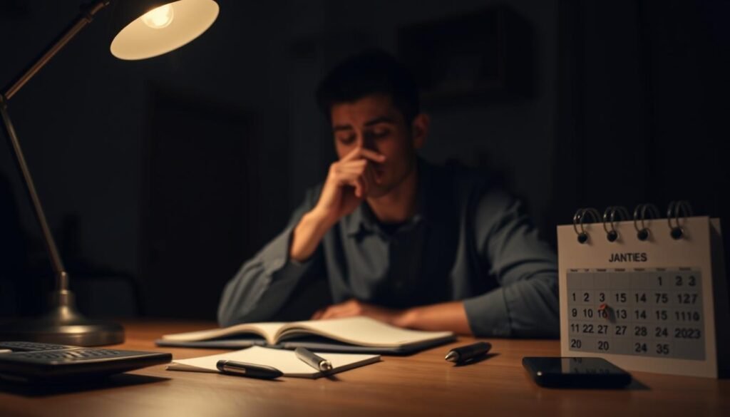 A dimly lit room with a person sitting at a desk, deep in thought. Soft lighting from a desk lamp casts shadows on their face, creating a contemplative mood. In the foreground, various objects symbolize everyday choices - a pen, a notebook, a calendar, a smartphone. The background is blurred, suggesting the person's focus is solely on the decision-making process. The overall atmosphere conveys the psychological impact of status quo bias, with the individual grappling with the weight of their choices and the inertia of familiar routines.