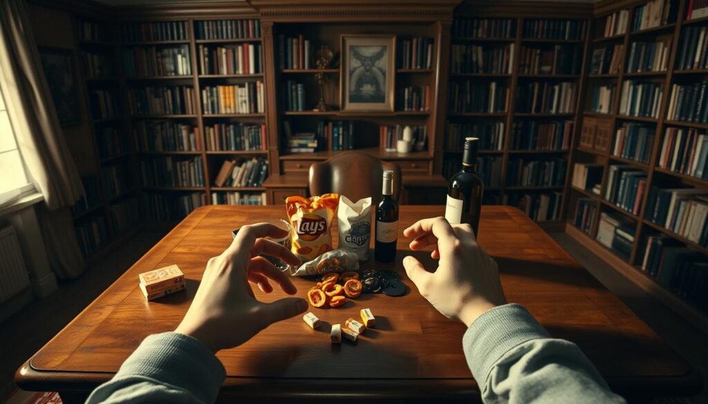 A dimly lit study, bookshelves lining the walls, a large wooden desk in the center. On the desk, an array of objects symbolizing different habits - a pack of cigarettes, a half-eaten bag of chips, a bottle of wine. In the foreground, a person's hands carefully sorting through these items, deliberating, considering how to break free. Soft, warm lighting casts shadows, creating a pensive, introspective atmosphere. The scene conveys the struggle and determination involved in intentionally disrupting entrenched routines and patterns. A sense of change and possibility permeates the space. A dimly lit study, bookshelves lining the walls, a large wooden desk in the center. On the desk, an array of objects symbolizing different habits - a pack of cigarettes, a half-eaten bag of chips, a bottle of wine. In the foreground, a person's hands carefully sorting through these items, deliberating, considering how to break free. Soft, warm lighting casts shadows, creating a pensive, introspective atmosphere. The scene conveys the struggle and determination involved in intentionally disrupting entrenched routines and patterns. A sense of change and possibility permeates the space.
