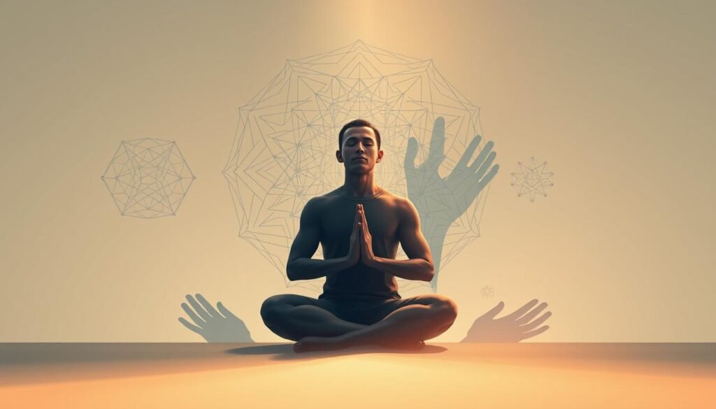 A dynamic, minimalist illustration showcasing the core principles of mental resilience and elite mindset development. In the foreground, a person meditating in a serene, lotus position, their expression calm and focused. Surrounding them, intricate geometric shapes and patterns, symbolizing the inner workings of the mind. In the middle ground, a series of overlapping, semi-transparent hands, representing the various techniques and practices for cultivating mental toughness and emotional regulation. The background features a soft, muted color palette, creating a sense of depth and tranquility. Dramatic lighting, with a warm, diffused glow emanating from the central figure, illuminating the entire scene. Rendered in a clean, digital art style, emphasizing the conceptual nature of the subject matter.