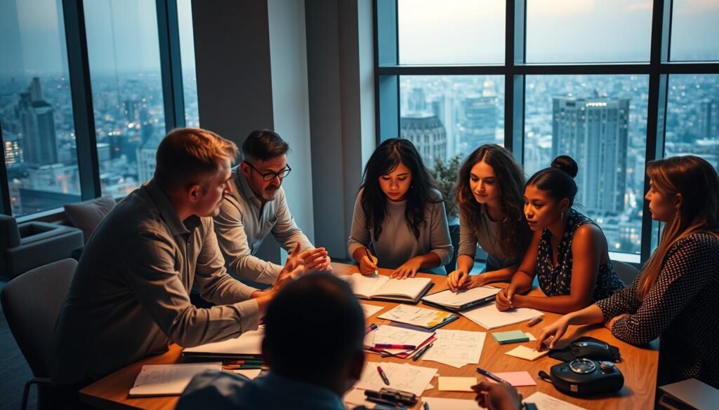 A group of diverse individuals gathered around a table, engaged in an intense, purpose-driven creative process. The lighting is soft and warm, casting a subtle glow on their focused expressions. In the foreground, a leader gestures with purpose, guiding the team's discussions. The middle ground reveals a scattering of sketchbooks, markers, and sticky notes, reflecting the collaborative nature of the ideation. In the background, a large window overlooks a vibrant cityscape, symbolizing the broader context and inspiration for their work. The overall atmosphere conveys a sense of determination, innovation, and the transformative power of purposeful leadership. A group of diverse individuals gathered around a table, engaged in an intense, purpose-driven creative process. The lighting is soft and warm, casting a subtle glow on their focused expressions. In the foreground, a leader gestures with purpose, guiding the team's discussions. The middle ground reveals a scattering of sketchbooks, markers, and sticky notes, reflecting the collaborative nature of the ideation. In the background, a large window overlooks a vibrant cityscape, symbolizing the broader context and inspiration for their work. The overall atmosphere conveys a sense of determination, innovation, and the transformative power of purposeful leadership.