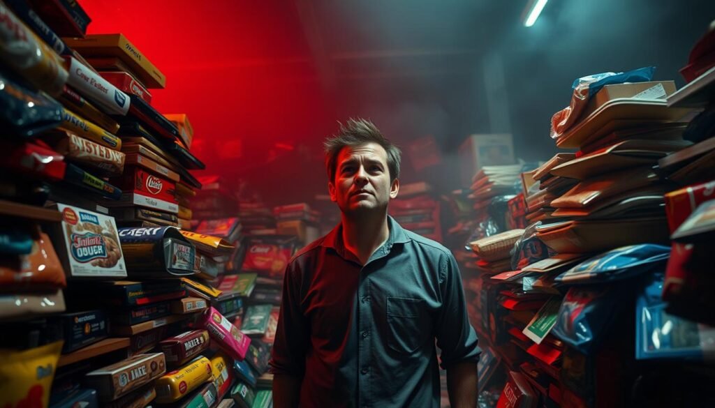 A harried consumer stands in a dimly lit room, surrounded by a towering pile of products. Their expression is one of overwhelming confusion and anxiety, as they struggle to make a decision amidst the choice overload. The scene is captured with a wide-angle lens, emphasizing the consumer's small, isolated figure in the vast sea of options. Harsh, directional lighting casts dramatic shadows, heightening the sense of tension and pressure. The background is hazy and out of focus, further drawing the eye to the central figure and their internal turmoil. An oppressive, claustrophobic atmosphere pervades the image, reflecting the debilitating effects of choice overload on consumer behavior.