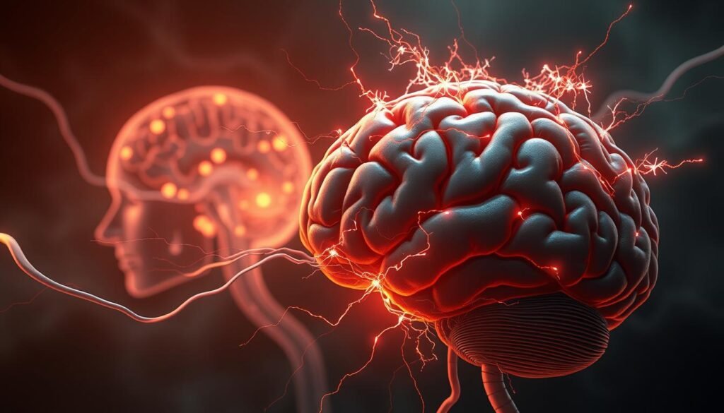 A high-resolution, detailed digital illustration depicting the brain's response to stress and neuroplasticity. In the foreground, the brain appears to be under strain, with neural pathways surging with electrical activity, representing the brain's adaptive response to challenging circumstances. In the middle ground, the brain's structure is shown in intricate anatomical detail, with highlighted regions associated with stress response and neuroplasticity. The background features a soft, ethereal glow, conveying a sense of the brain's inner workings and the complex, dynamic nature of its adaptation to stress. The lighting is dramatic, with a mixture of warm and cool tones, and the overall composition is balanced and visually striking.