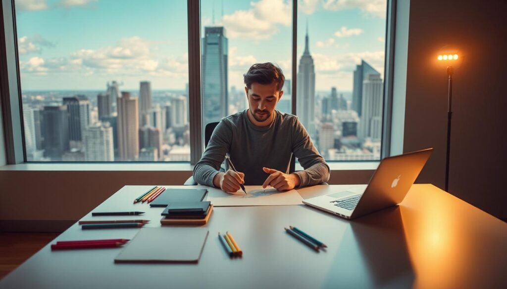 A modern, minimalist workspace with a sleek desk, ergonomic chair, and a large window overlooking a vibrant cityscape. On the desk, various creative tools are neatly arranged, including a sketchpad, a set of colored pencils, and a laptop with a design software interface. The lighting is soft and warm, creating a focused, productive atmosphere. In the middle ground, a person sits intently, their hands moving swiftly as they sketch or type, their expression one of deep concentration and flow. The background features a bustling city skyline, with towering buildings and a hint of blue sky peeking through, symbolizing the endless possibilities and inspiration that can be drawn from the world outside.