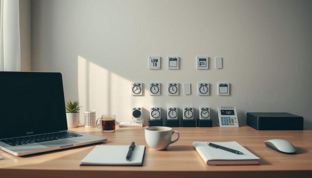 A neatly organized workspace with a minimalist desktop, strategically placed objects representing a daily routine optimization process. The foreground features a laptop, notebook, and a cup of coffee, symbolizing productivity and focus. The middle ground showcases a meticulously arranged set of icons, timers, and calendars, indicating a habit stacking system. In the background, a neutral-toned wall provides a calming, distraction-free environment, illuminated by soft, natural lighting from a window. The overall atmosphere conveys a sense of order, efficiency, and a well-crafted personal workflow. A neatly organized workspace with a minimalist desktop, strategically placed objects representing a daily routine optimization process. The foreground features a laptop, notebook, and a cup of coffee, symbolizing productivity and focus. The middle ground showcases a meticulously arranged set of icons, timers, and calendars, indicating a habit stacking system. In the background, a neutral-toned wall provides a calming, distraction-free environment, illuminated by soft, natural lighting from a window. The overall atmosphere conveys a sense of order, efficiency, and a well-crafted personal workflow.