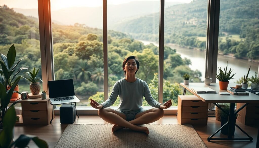 A peaceful, harmonious scene depicting mindful productivity approaches for sustainable work-life balance. In the foreground, a person sits cross-legged in a meditation pose, eyes closed, exuding a sense of calm and focus. The middle ground features a well-organized desk with a laptop, plants, and minimal, elegant office supplies, suggesting a thoughtful, minimalist workspace. The background depicts a serene natural landscape, with lush greenery, a tranquil river, and a warm, diffused lighting that creates a soothing, contemplative atmosphere. The overall image conveys a balance between professional engagement and personal wellbeing, highlighting the importance of mindfulness and intentional work habits for a sustainable, fulfilling lifestyle. A peaceful, harmonious scene depicting mindful productivity approaches for sustainable work-life balance. In the foreground, a person sits cross-legged in a meditation pose, eyes closed, exuding a sense of calm and focus. The middle ground features a well-organized desk with a laptop, plants, and minimal, elegant office supplies, suggesting a thoughtful, minimalist workspace. The background depicts a serene natural landscape, with lush greenery, a tranquil river, and a warm, diffused lighting that creates a soothing, contemplative atmosphere. The overall image conveys a balance between professional engagement and personal wellbeing, highlighting the importance of mindfulness and intentional work habits for a sustainable, fulfilling lifestyle.